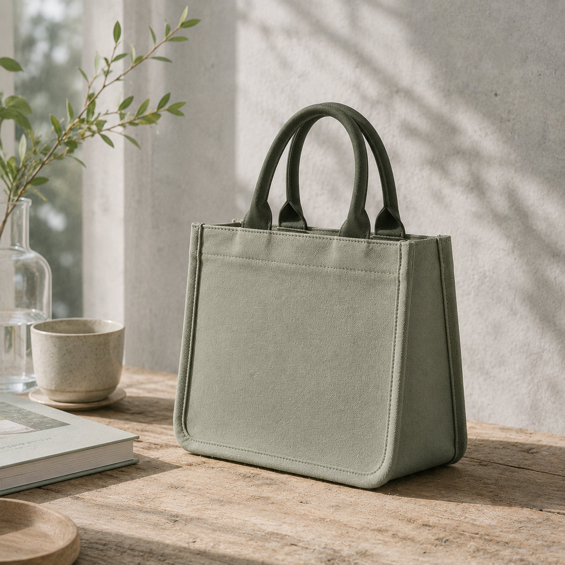 Sage green mini canvas tote with deep forest green handles, flat bottom and soft structured shape.