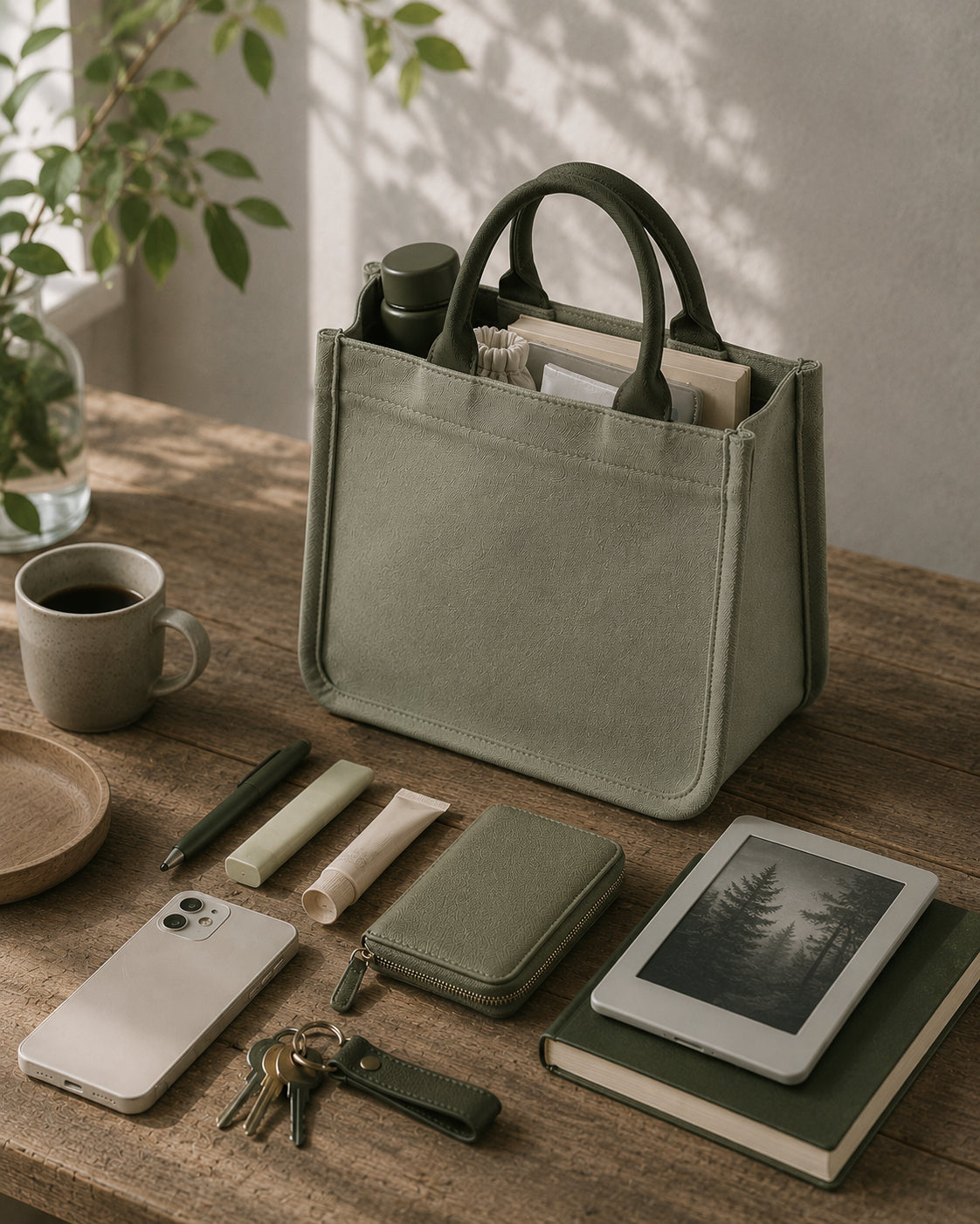 Sage green mini canvas tote with forest green handles holding everyday essentials on a wooden table.