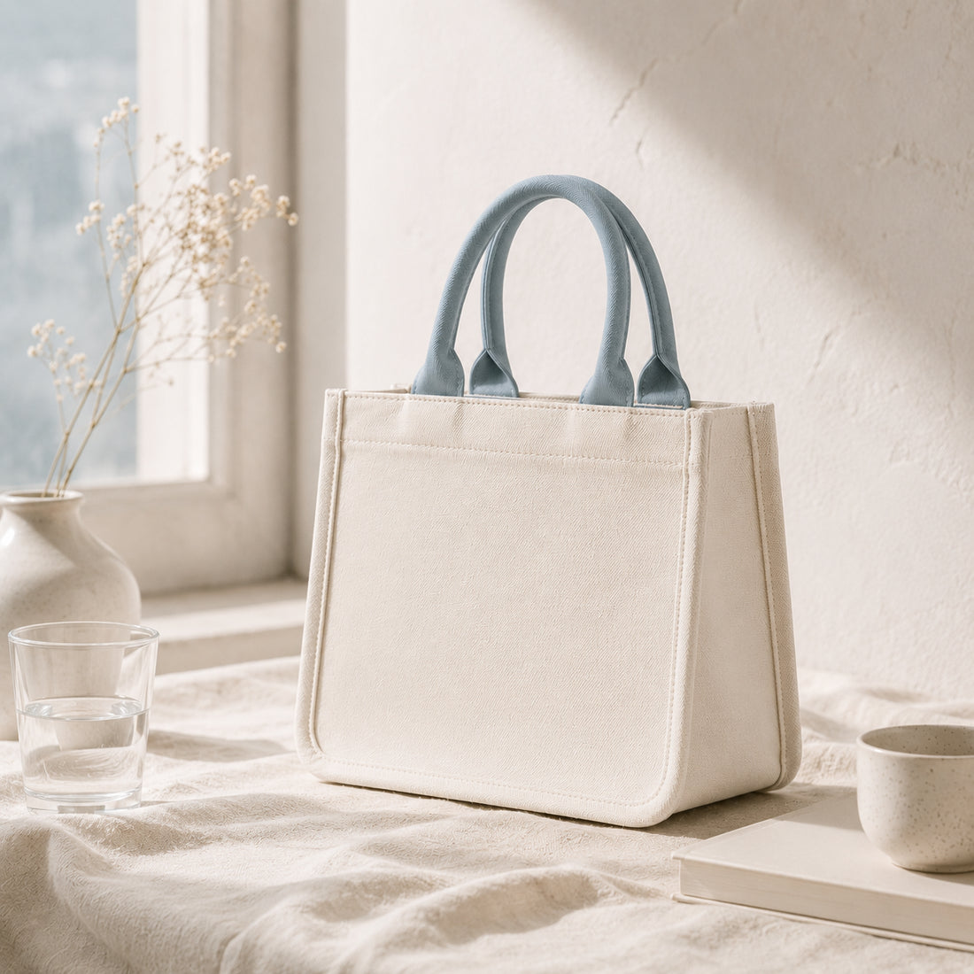 Mini canvas tote in ivory cotton canvas with mist blue handles, soft structured shape and flat bottom.