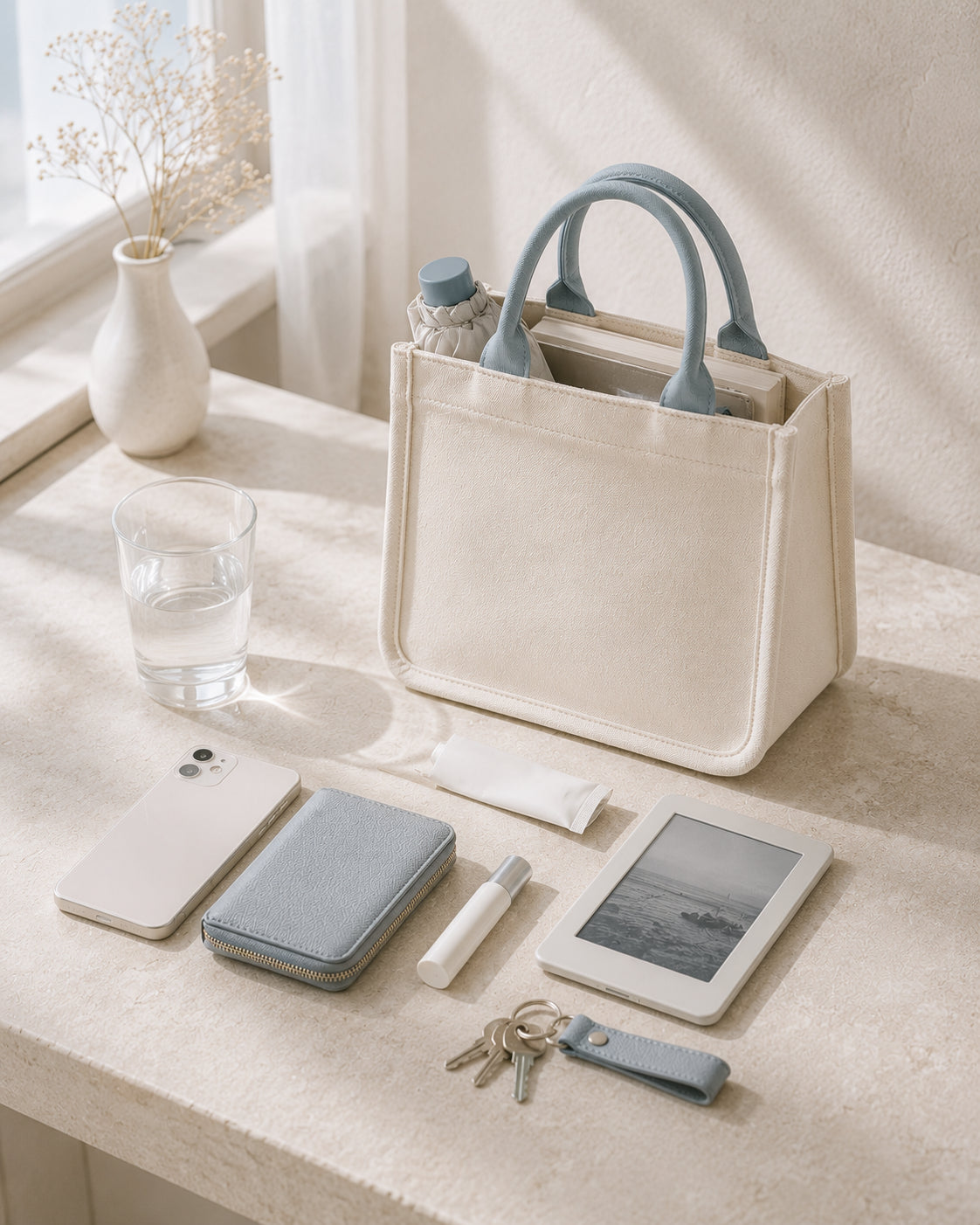 Ivory mini canvas tote with mist blue handles holding everyday essentials.