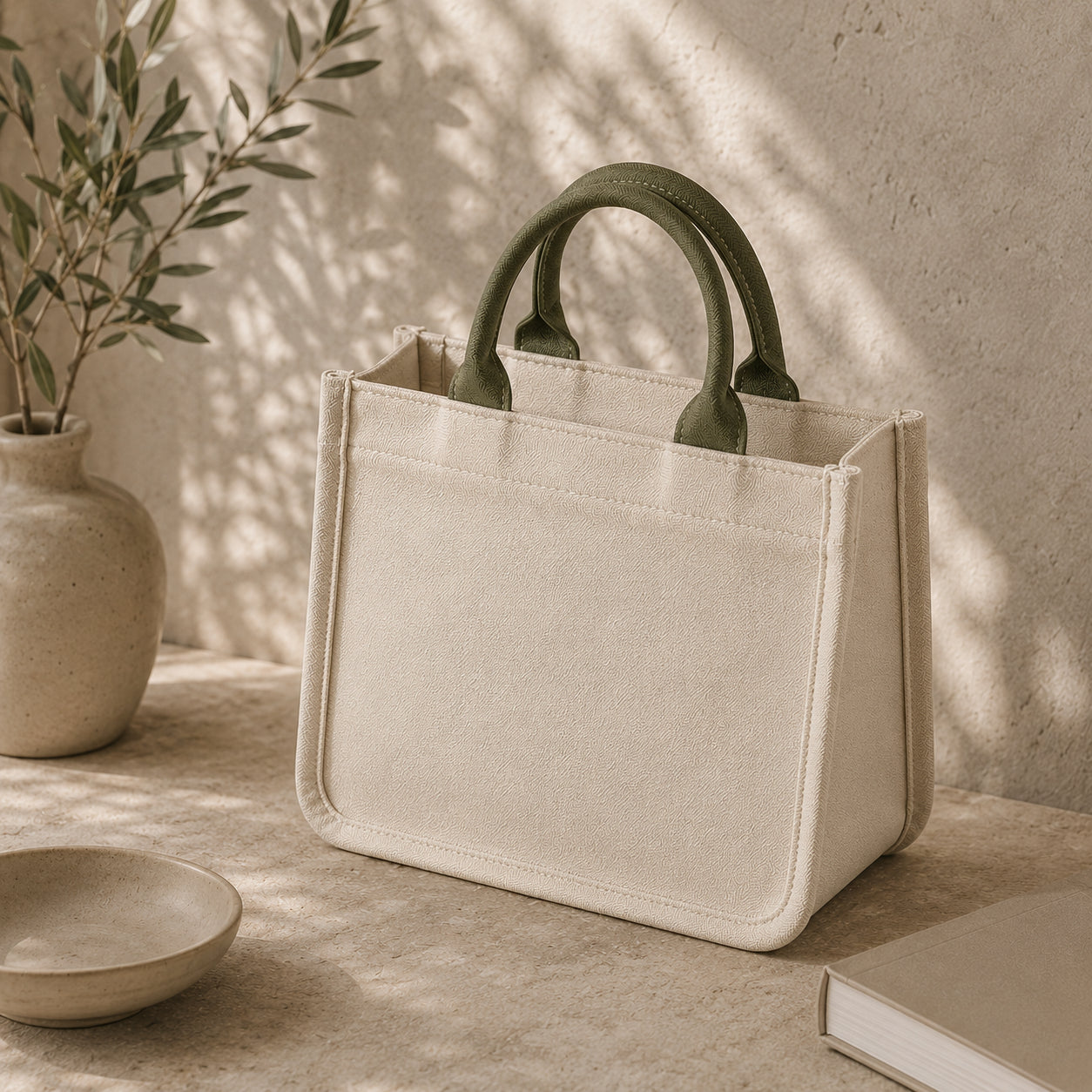 Oatmeal mini canvas tote with muted olive handles, structured cotton canvas bag for everyday essentials.