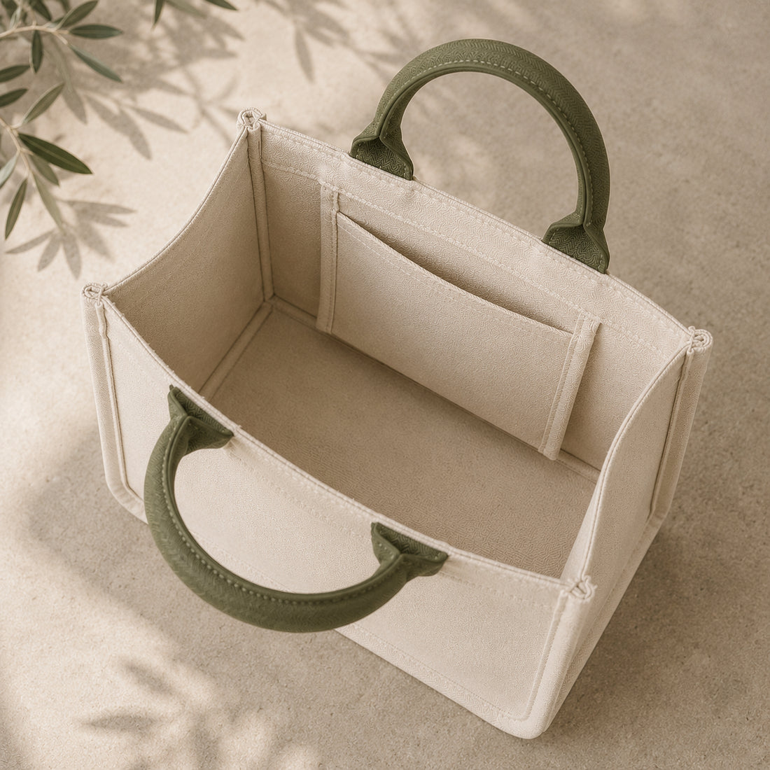 Oatmeal mini canvas tote with muted olive handles, structured cotton canvas bag for everyday essentials.