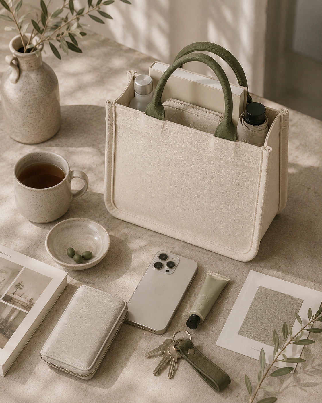 Oatmeal mini canvas tote with muted olive handles holding everyday essentials in a natural light setting.