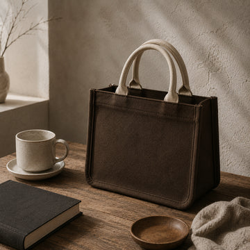 Raw umber brown mini canvas tote with oatmeal handles, soft structured cotton canvas shape.