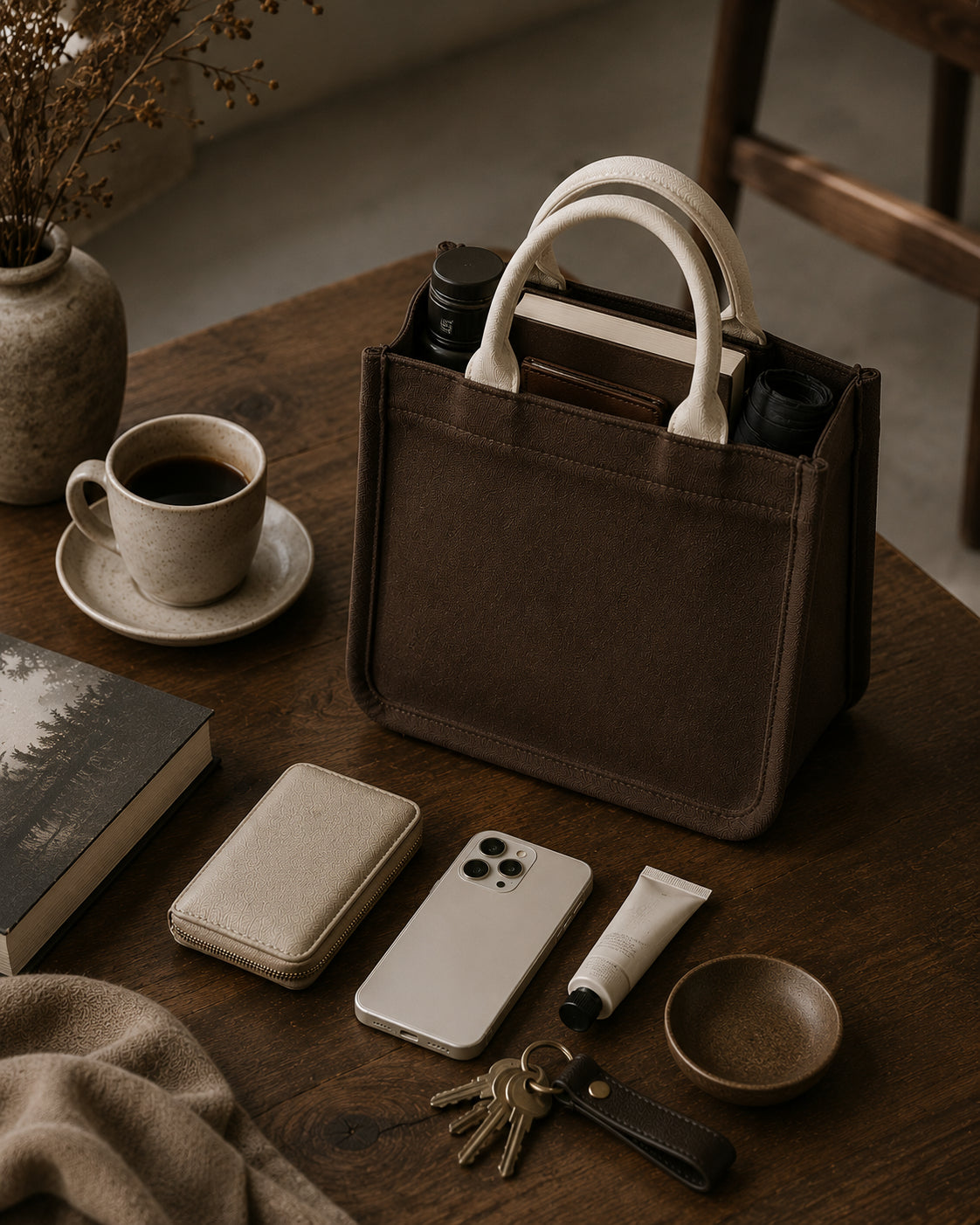 Raw umber mini canvas tote with oatmeal handles holding everyday essentials on a coffee table.