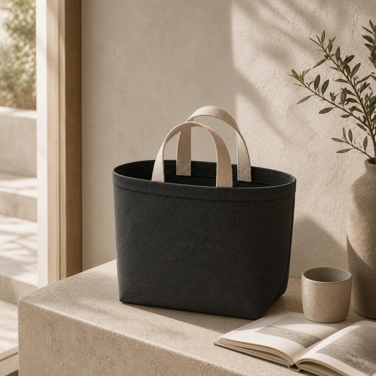 PLANEA Charcoal mini canvas tote lifestyle concept visual