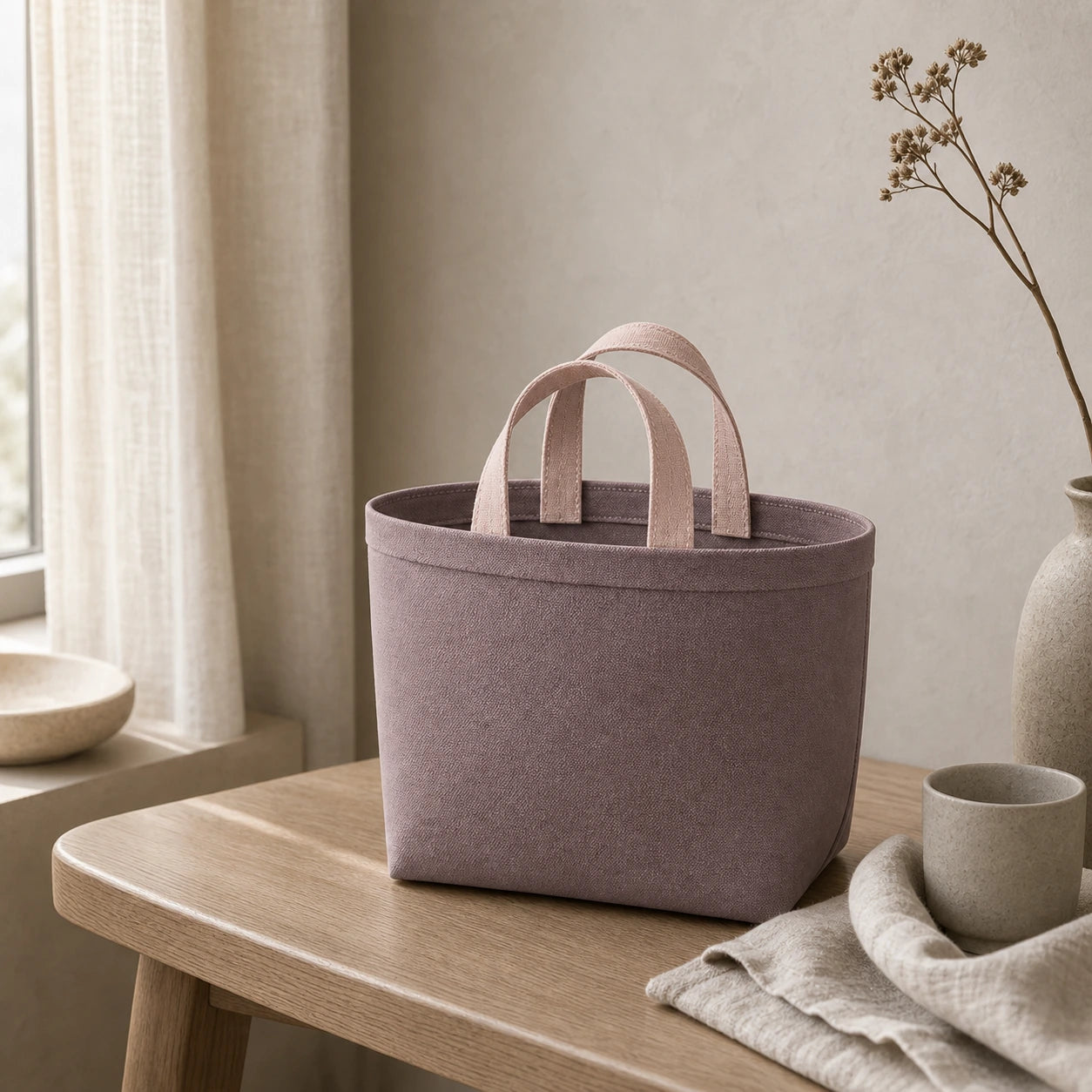 PLANEA Mauve mini canvas tote lifestyle concept visual