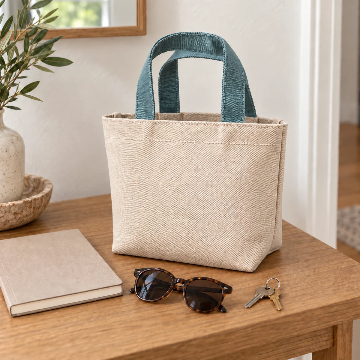 Dune Mini Canvas Tote beside a notebook, sunglasses and keys on a warm wooden table.