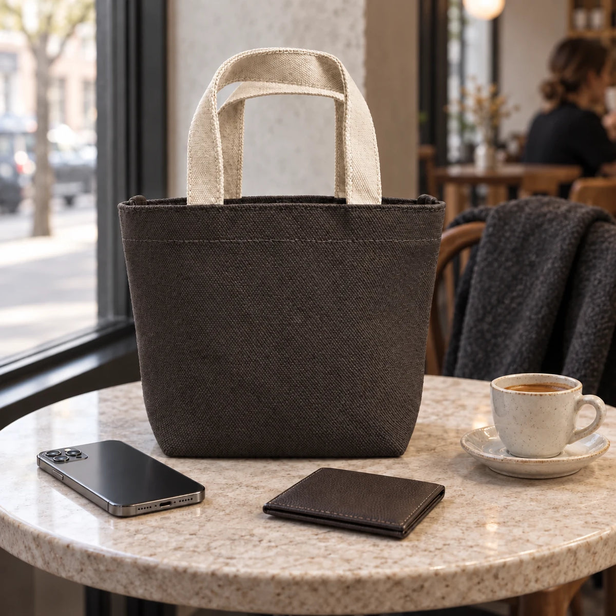 Umber Mini Canvas Tote at a cafe beside a phone, wallet and coffee cup.