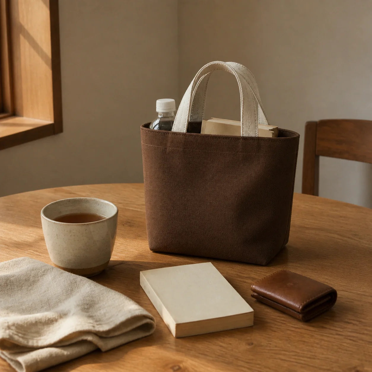 PLANEA Umber mini canvas tote in a quiet home setting