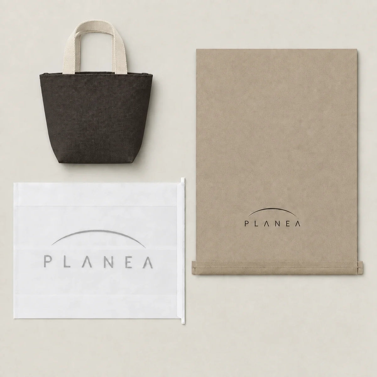 Umber Mini Canvas Tote with the original PLANEA packaging presentation.